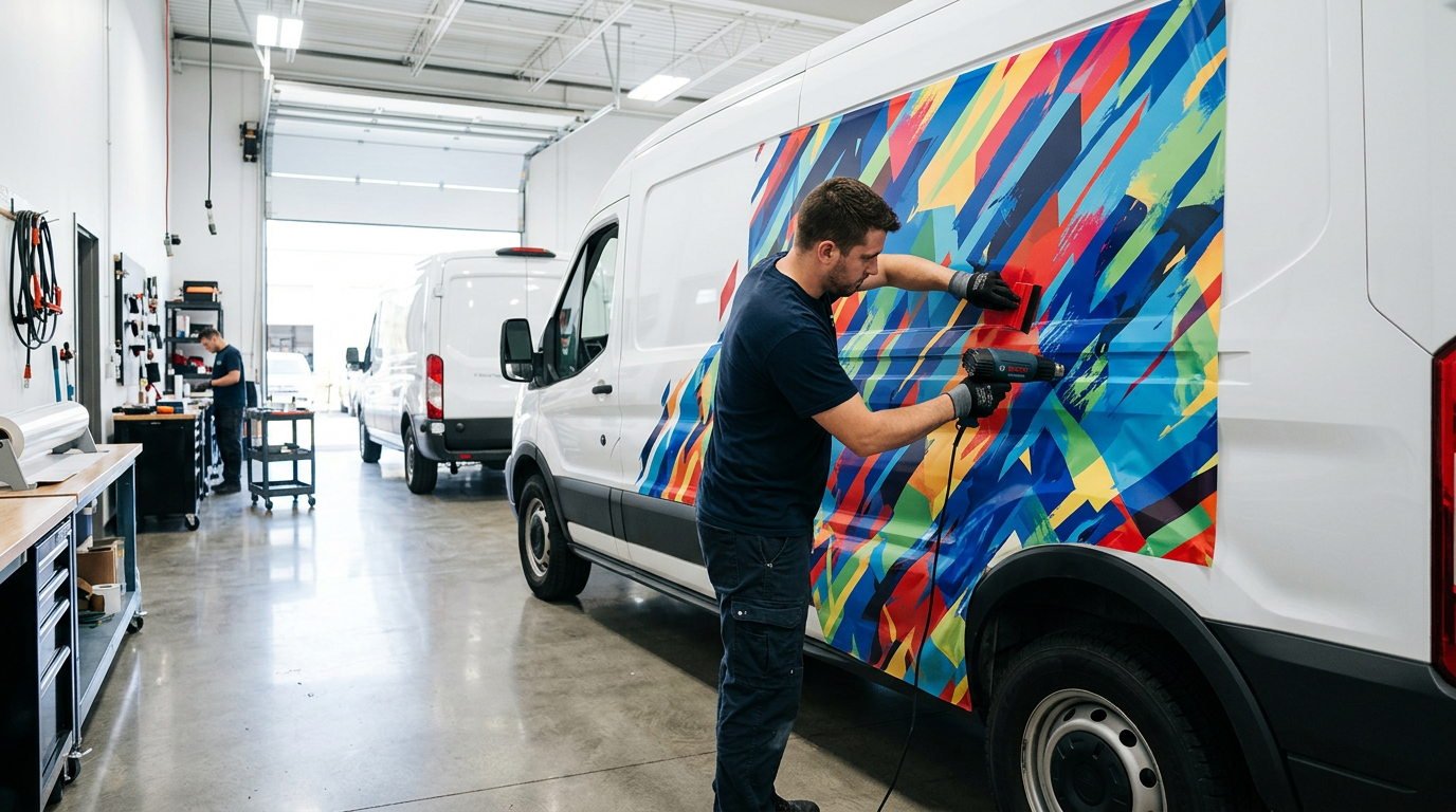 Installer applying a vinyl wrap to a commercial van inside a wrap shop