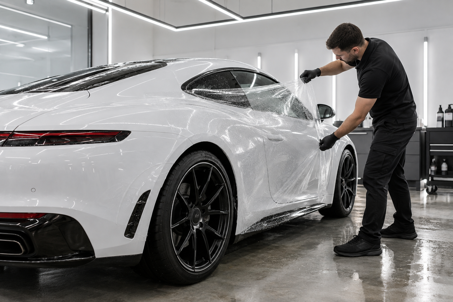 Installer laying a large sheet of paint protection film across the door and fender of a white sports coupe during a full body install