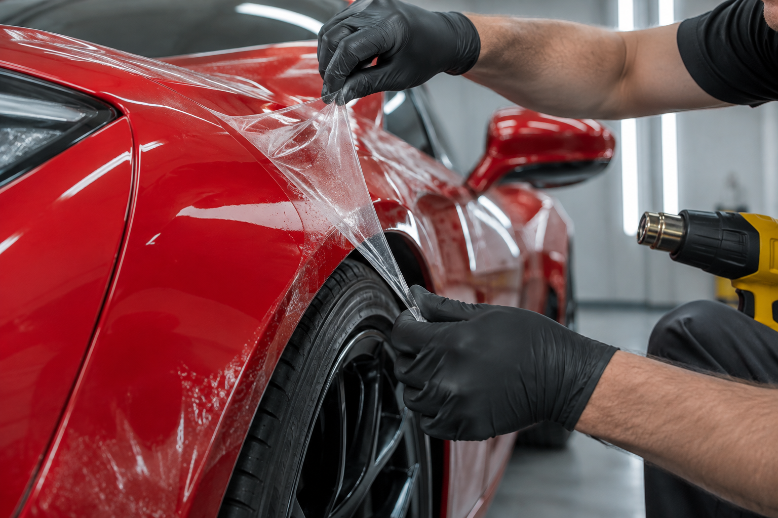 Detailer peeling paint protection film off a red fender to reveal clean factory paint