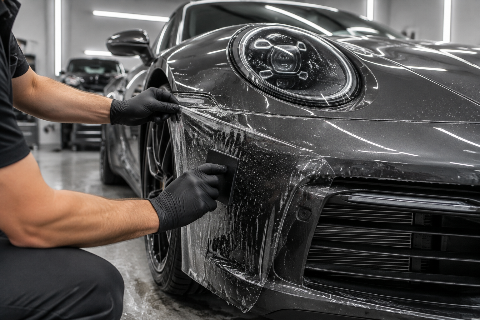 Installer squeegeeing clear paint protection film onto a sports car front bumper